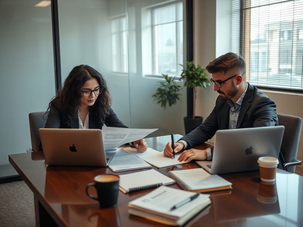 Documentary photo of two professionals in a modest meeting room in a Brazilian office building